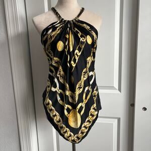 Cache Vintage Versace Style Silk Scarf Halter Top
Chain Neck Black Gold Sz M